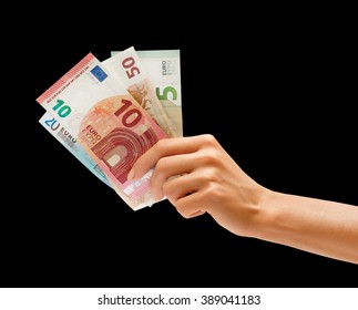 Hand Holding Euro Money Isolated On Black Background