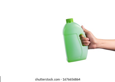 Hand Holding Fabric Softener Bottle,Laundry Detergent Bottles,isolated On White Background.