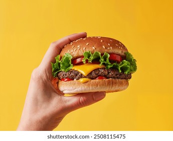 Hand holding a fast food cheeseburger - Powered by Shutterstock