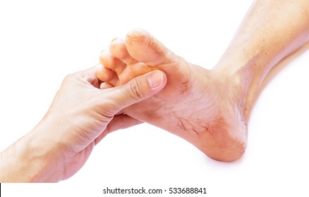 Hand holding feet old women, take care feeling with white background