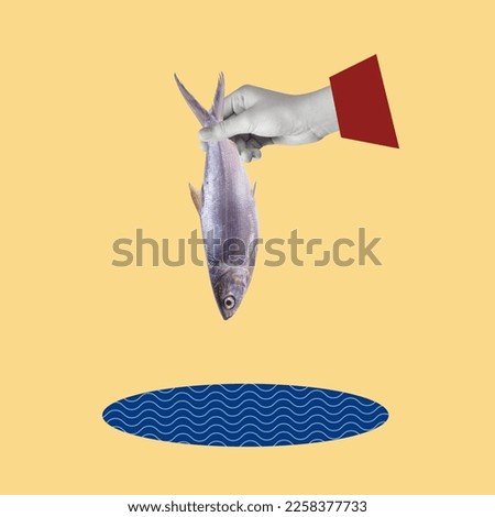 Hand holding a fish. Contemporary art collage. Catch of fresh fish. Modern design. Copy space for ad.

