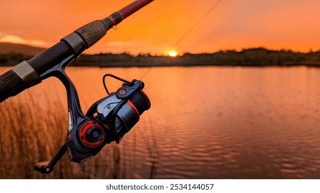 Hand holding fishing rod and reel, sunset fishing at Ross lake at Galway, Ireland, spinning, angling, catch and release, sport and leisure, nature background	 - Powered by Shutterstock