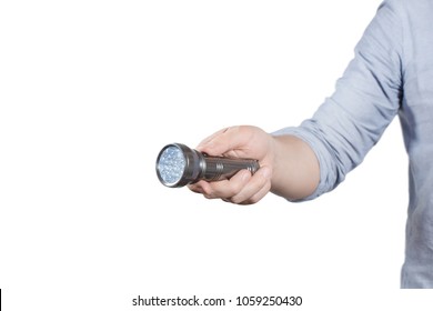 Hand Holding A Flashlight, Isolated On White Background