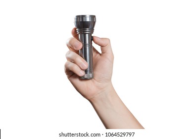 Hand Holding A Flashlight, Isolated On White Background