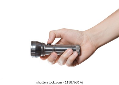 Hand Holding A Flashlight, Isolated On White Background