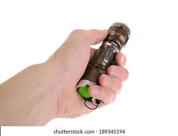 Hand Holding Flashlight Isolated On White Background