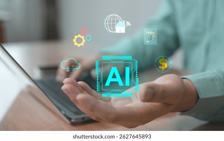 Hand holding floating AI cube surrounded by futuristic icons like cloud, gear, and database  representing artificial intelligence and smart automation.