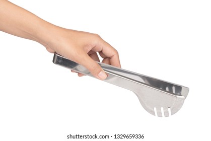 Hand Holding Food Tongs Isolated On White Background.