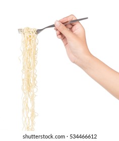 Hand Holding Fork, Eating Noodles Isolated On White Background