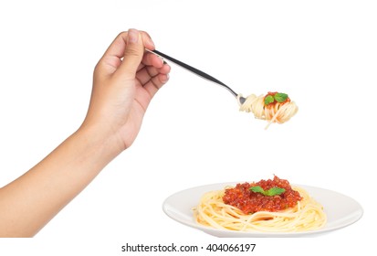 Hand Holding Fork, Eating Pasta Spaghetti Isolated On White Background