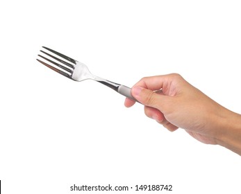 Hand Holding Fork Isolated On White Background