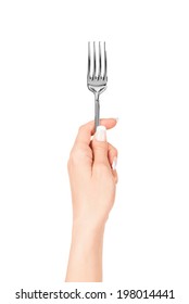 Hand Holding Fork Isolated On White Background