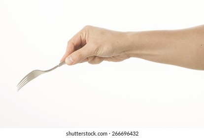 Hand Holding Fork On White