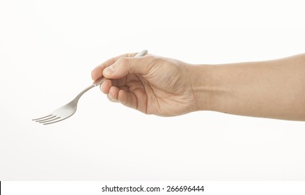 Hand Holding Fork On White