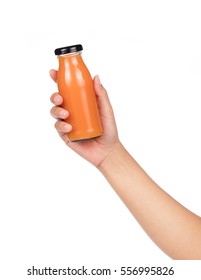 Hand Holding Fresh Of Juice Orange Bottle Isolated On White Background.