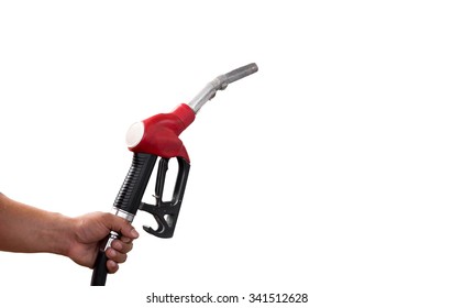 Hand Holding Fuel Nozzle With Hose Isolated On White Background