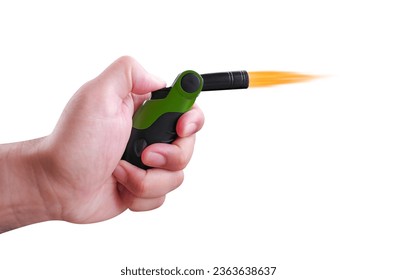Hand holding a gas lighter isolated on a white background, cigarette lighter or jet lighter in hand.