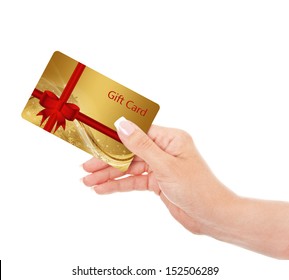 Hand Holding Gift Card Isolated Over White Background