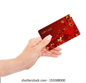 Hand Holding Gift Card Isolated Over White Background