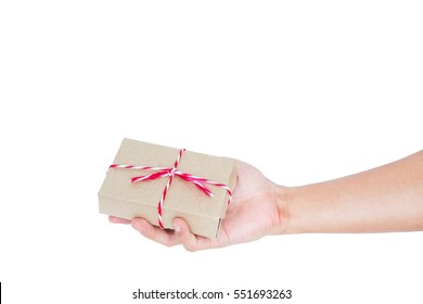 Hand Holding, Giving Parcel Gift Box, Isolated On White Backgrounds