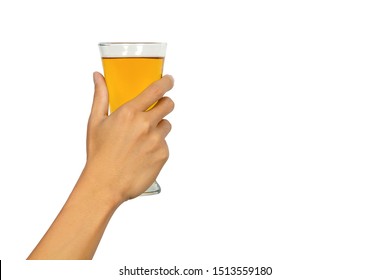 ้Man Hand Holding Up A Glass Of Beer Isolated On White Background.Back View