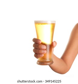 Hand Holding Up A Glass Of Beer On White Background