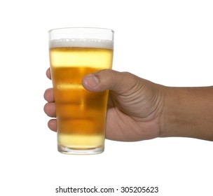 Hand Holding Up A Glass Of Beer Over A White Background. Variety Of Beer Glass, Cheers.