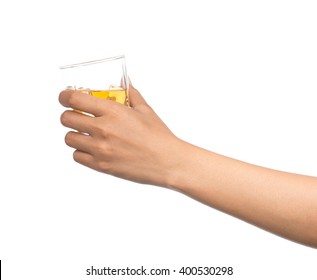 Hand Holding A Glass Of Brandy Isolated On White Background