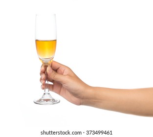 Hand Holding Glass Of Champagne Isolated On White Background