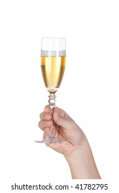 Hand Holding Glass Of Champagne On White Background