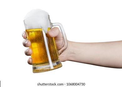 Hand Holding A Glass Of Excellent Beer, Isolated On White Background