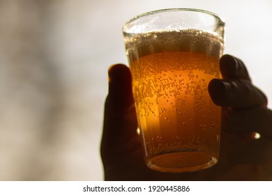 Hand Holding A Glass Of Golden Fresh Beer, With Back Light. Bubble Texture, Close Up. Raising A Toast And Celebrating Concept.  