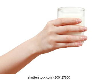 Hand Holding Glass Of Milk Isolated On White Background