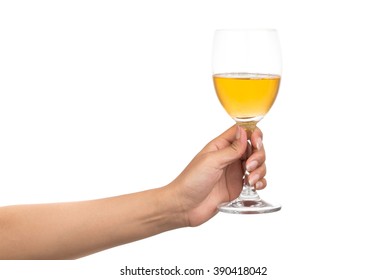 Hand Holding Glass Of Wine Isolated On White Background