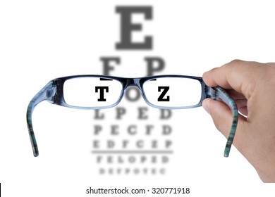 Hand Holding Glasses And Reading Eye Chart Test Vision On White