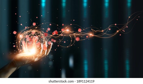 Hand holding of global data network, Big data visualization of futuristic and block chain, Financial analysis, social network of databases, Abstract creativity. - Shutterstock ID 1891124119