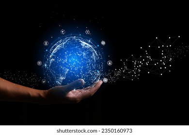 Hand holding Global network connection to big data around the world.a nd tecnology internet metaverse concept.