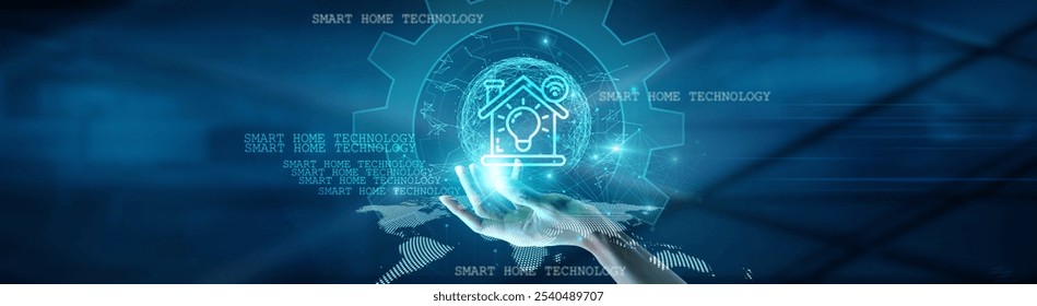 Hand holding a global network connection on artificial intelligence, smart devices, data analytics, cybersecurity, and machine learning, representing technology and futuristic SMART HOME TECHNOLOGY. - Powered by Shutterstock