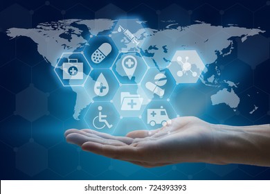 Hand Holding Global Network Using Modern Medical And Health Care Interface.