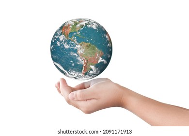 Hand Holding Globe, Earth Isolated On White Background. Elements Of This Image Furnished By NASA