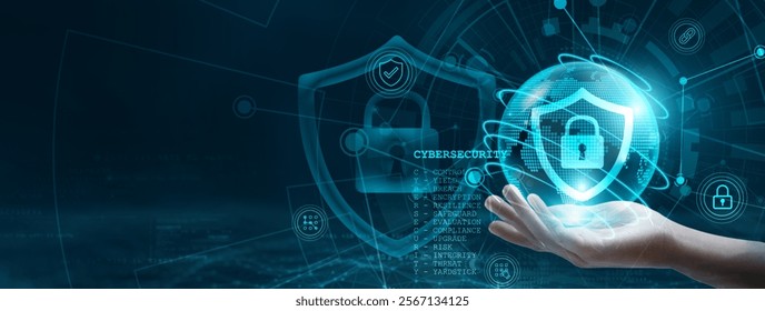 Hand holding a globe with a network connecting data. Cybersecurity is an essential part of digital technology, protecting the integrity, confidentiality, availability of information global networks.