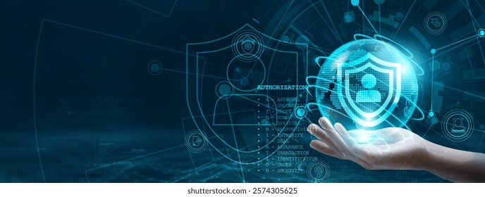 Hand holding a globe with a network connecting data. Representation of digital technology, highlighting the authorization process within global networks, secure data transfer, and digital security.