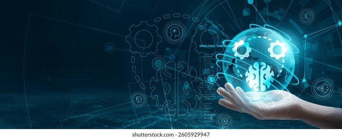Hand holding a globe with network connecting data. Symbolic of digital technology, knowledge management systems facilitate the organization, sharing, and analysis of information.