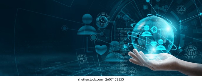 Hand holding a globe with network connecting data. The essence of digital technology, CRM enables businesses to build and maintain relationships with customers, enhancing customer satisfaction.