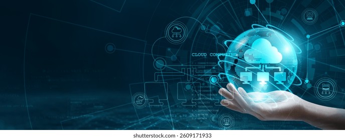 Hand holding globe with network connecting data, representing the concept of cloud computing in the realm of digital technology, enabling seamless integration and management of data across platforms.
