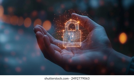 A hand holding a glowing digital padlock symbol, representing cybersecurity and data protection. The background is blurred with soft lights, creating a futuristic atmosphere.