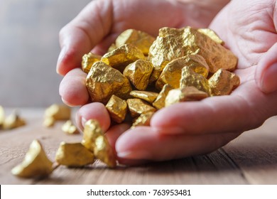 Hand Holding Gold Nugget Grains.