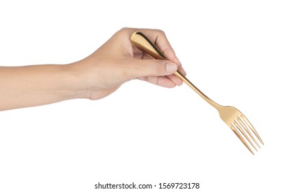 Hand Holding Golden Fork Isolated On White Background