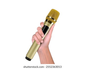 Hand holding a golden microphone showcasing its sleek design, perfect for performances, events, and studio recordings to capture every vocal nuance effectively. - Powered by Shutterstock