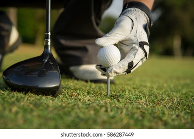 Hand Holding Golf Ball With Tee On Course, Tee Off Swing.